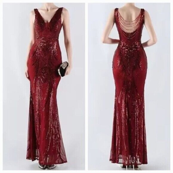 Red, Double V, Beaded Back, Draped Skirt, Sequined Mermaid Gown - Picture 3 of 15